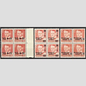FRIMRKER DANMARK | 1953-59 - AFA 344,369,373 - Hollandshjlpen mv. - +10/30,30+5,+10/30 re rd i 4-blok - Postfrisk