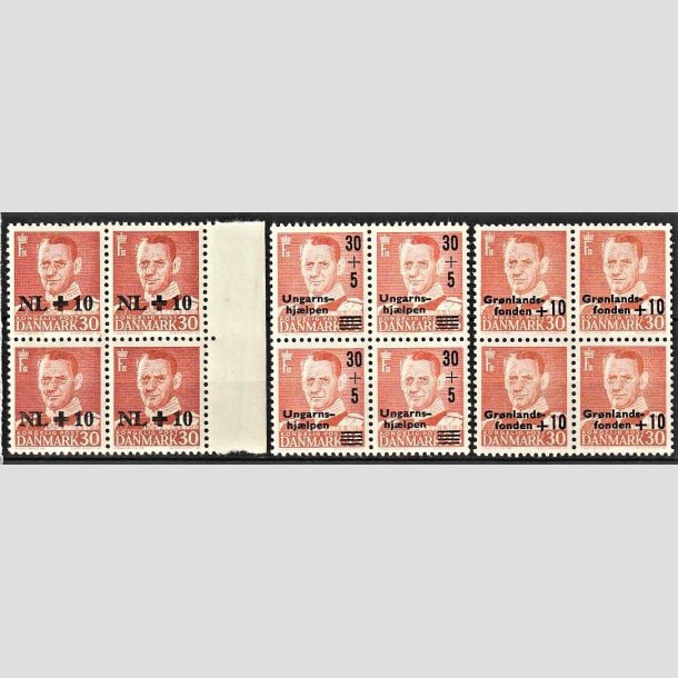 FRIMRKER DANMARK | 1953-59 - AFA 344,369,373 - Hollandshjlpen mv. - +10/30,30+5,+10/30 re rd i 4-blok - Postfrisk