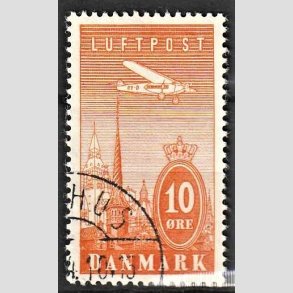 FRIMRKER DANMARK | 1934 - AFA 216 - Luftpostfrimrker - 10 re gul - Alm. god gennemsnitskvalitet - Stemplet (Photo eksempel)