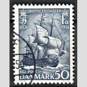 FRIMRKER DANMARK | 1951 - AFA 329 - Sofficerskolens 250 rs jubilum - 50 re bl - Alm. god gennemsnitskvalitet - Stemplet (Photo eksempel)