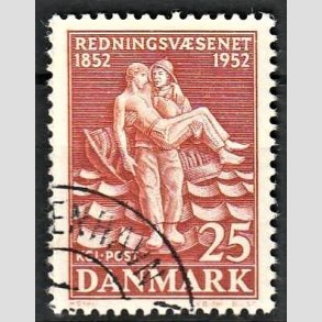 FRIMRKER DANMARK | 1952 - AFA 334 - Redningsvsen 100 r - 25 re brunrd - Alm. god gennemsnitskvalitet - Stemplet (Photo eksempel)