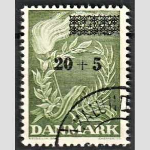 FRIMRKER DANMARK | 1953 - AFA 358 - Frihedsfond provisorier - 20 + 5/15 + 5 re grn - Alm. god gennemsnitskvalitet - Stemplet (Photo eksempel)