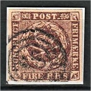 FRIMRKER DANMARK | 1853 - AFA 1 - 4 R.B.S IIa sortbrun p klip - Thiele II - Stemplet