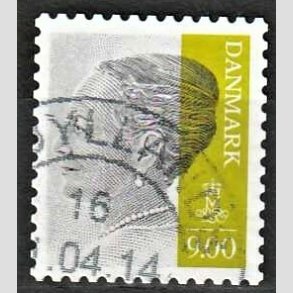 FRIMRKER DANMARK | 2011 - AFA 1644E - Dronning Margrethe - 9,00 Kr. gr/olivgrn - Alm. god gennemsnitskvalitet - Stemplet (Photo eksempel)