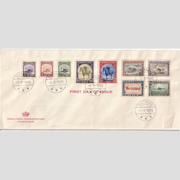 FRIMRKER GRNLAND | 1945 - AFA 08-16 - AMERIKANER UDGAVEN - FDC - Stemplet "GODTHB"