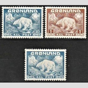 FRIMRKER GRNLAND | 1938-46 - AFA 6,7,27 - Isbjrn - 30 + 40 re og 1 kr. - Postfrisk