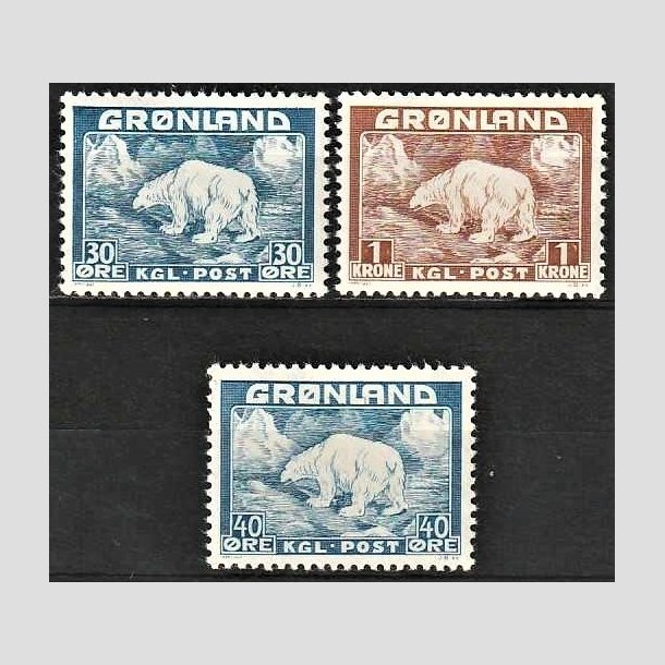 FRIMRKER GRNLAND | 1938-46 - AFA 6,7,27 - Isbjrn - 30 + 40 re og 1 kr. - Postfrisk