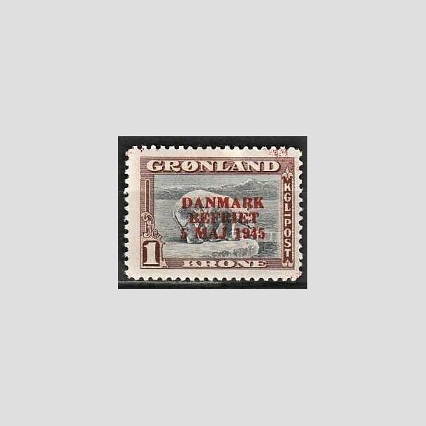 FRIMRKER GRNLAND | 1945 - AFA 23 - AMERIKANER UDGAVEN "DANMARK BEFRIET" - 1 kr.brun/gr - Postfrisk