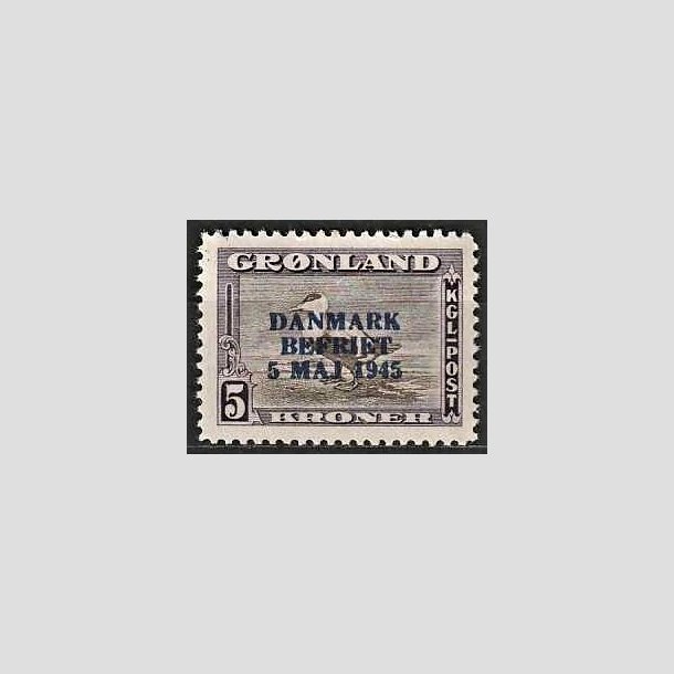 FRIMRKER GRNLAND | 1945 - AFA 25 - AMERIKANER UDGAVEN "DANMARK BEFRIET" - 5 kr. mrklilla/grbrun - Postfrisk