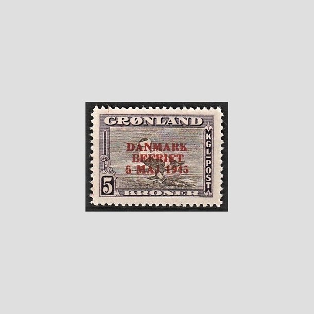 FRIMRKER GRNLAND | 1945 - AFA 25a - AMERIKANER UDGAVEN "DANMARK BEFRIET" ndrede farver - 5 kr. mrklilla/grbrun - Postfrisk