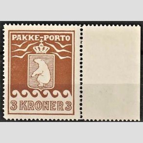 FRIM�RKER GR�NLAND | 1930 - AFA 12 - PAKKE-PORTO - 3 kr. brun med marginalstykke - Postfrisk