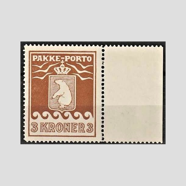 FRIMRKER GRNLAND | 1930 - AFA 12 - PAKKE-PORTO - 3 kr. brun med marginalstykke - Postfrisk