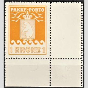 FRIM�RKER GR�NLAND | 1936 - AFA 14 - PAKKE-PORTO - 1 kr. orange offsettryk med nedre hj�rne marginal - Postfrisk