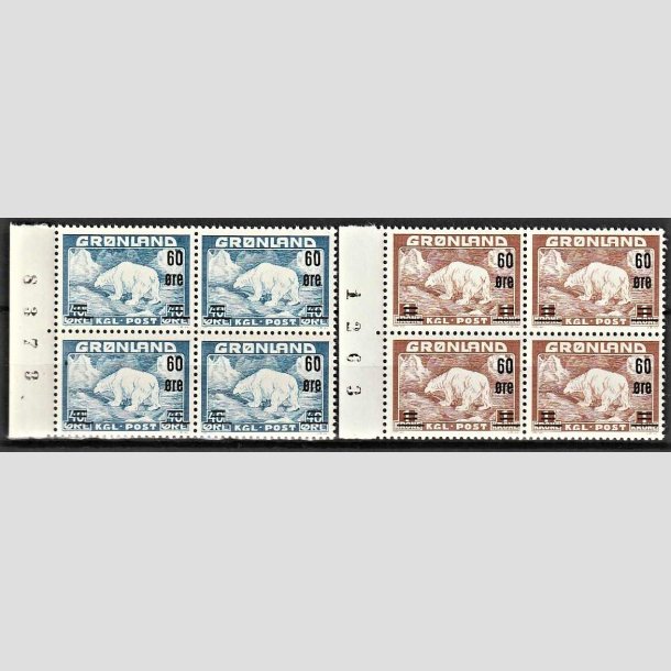 FRIMRKER GRNLAND | 1956 - AFA 37,38 - Provisorier - 60/40 re + 60 re/1 kr. i 4-blok st med marginalnummer - Postfrisk