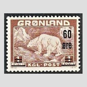 FRIMRKER GRNLAND | 1956 - AFA 38 - Provisorier - 60 re/1 kr. brun - Postfrisk