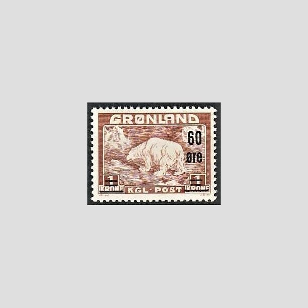 FRIMRKER GRNLAND | 1956 - AFA 38 - Provisorier - 60 re/1 kr. brun - Postfrisk