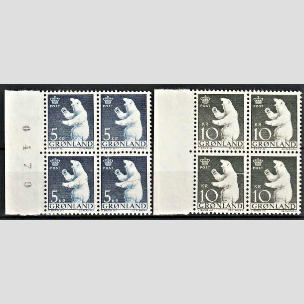 FRIMRKER GRNLAND | 1963 - AFA 60,61 - Polarbjrn - 5 + 10 kr. i 4-blok st med marginal - Postfrisk