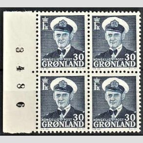 FRIMRKER GRNLAND | 1953 - AFA 36 - Frederik IX - 30 re bl i 4-blok med marginalnummer - Postfrisk