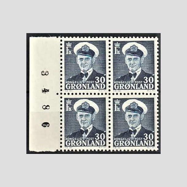 FRIMRKER GRNLAND | 1953 - AFA 36 - Frederik IX - 30 re bl i 4-blok med marginalnummer - Postfrisk