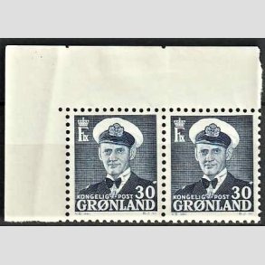 FRIMRKER GRNLAND | 1953 - AFA 36 - Frederik IX - 30 re bl i 4-blok i par med vre marginal - Postfrisk