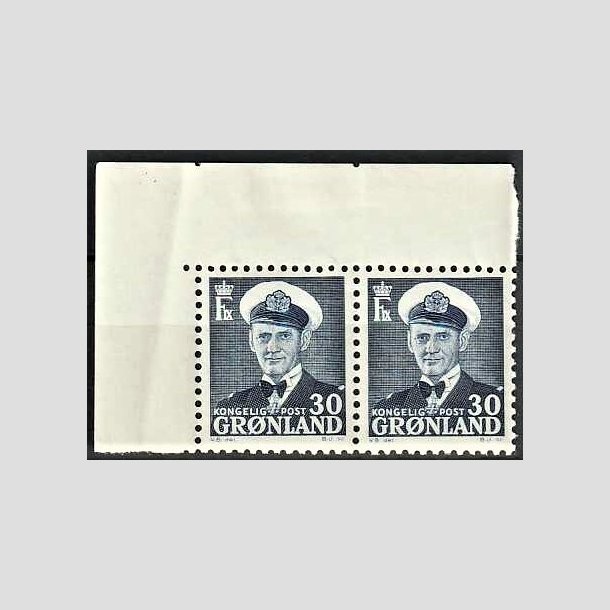FRIMRKER GRNLAND | 1953 - AFA 36 - Frederik IX - 30 re bl i 4-blok i par med vre marginal - Postfrisk