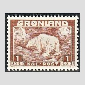 FRIMRKER GRNLAND | 1938 - AFA 7 - Isbjrn - 1 kr. gulbrun - Postfrisk