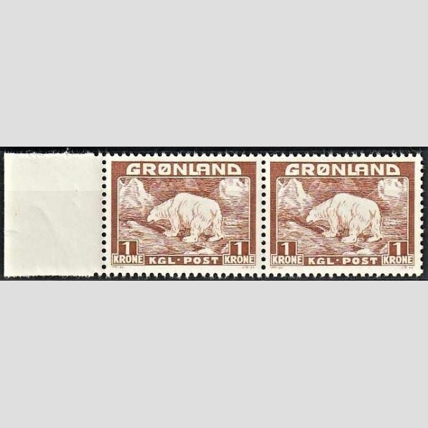 FRIMRKER GRNLAND | 1938 - AFA 7 - Isbjrn - 1 kr. gulbrun i par med marginal - Postfrisk