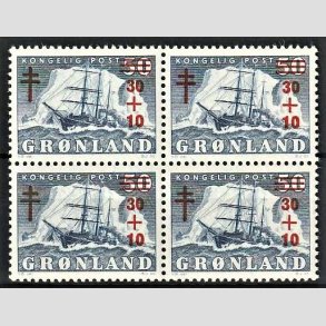 FRIMRKER GRNLAND | 1958 - AFA 40 - Tuberkulosefond - 30 + 10/50 re bl i 4-blok - Postfrisk