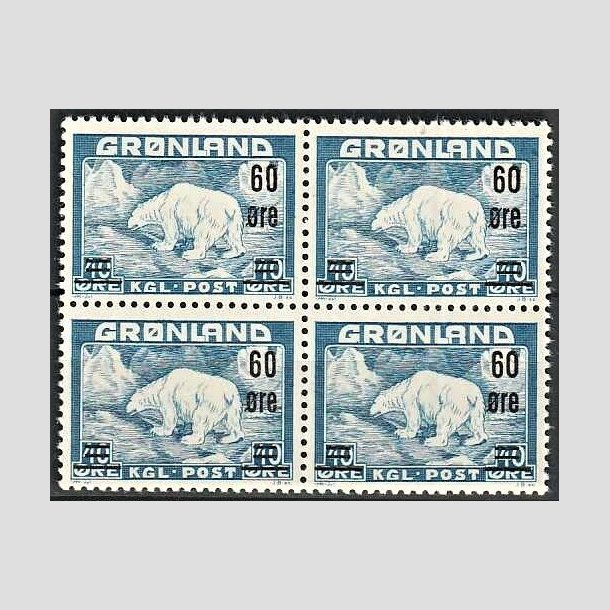 FRIMRKER GRNLAND | 1956 - AFA 37 - Provisorier - 60/40 re bl i 4-blok - Postfrisk