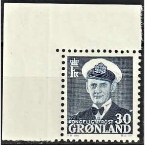 FRIMRKER GRNLAND | 1953 - AFA 36 - Frederik IX - 30 re bl med hjrne marginal - Postfrisk