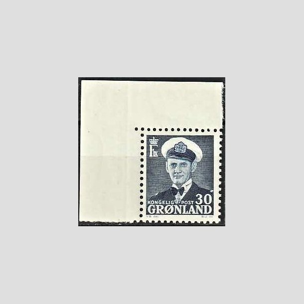 FRIMRKER GRNLAND | 1953 - AFA 36 - Frederik IX - 30 re bl med hjrne marginal - Postfrisk