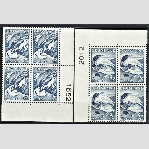 FRIMRKER GRNLAND | 1957-67 - AFA 39a,68 - Havets Moder + Islommen - 60 + 90 re i 4-blok med hjrne marginalnummer - Postfrisk