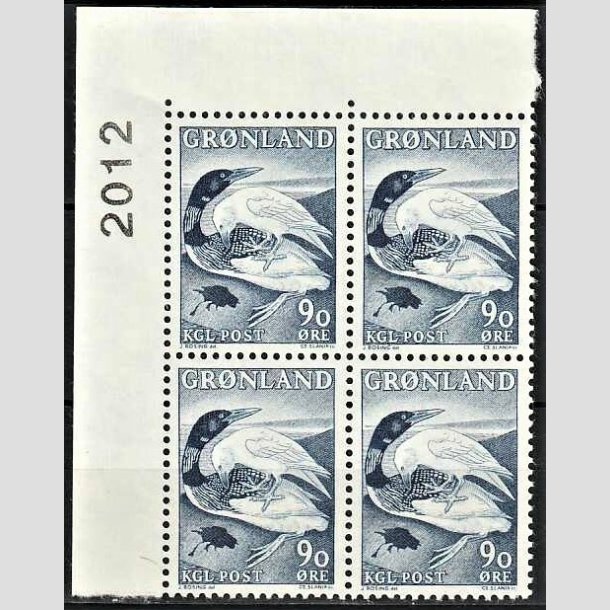 FRIMRKER GRNLAND | 1967 - AFA 68 - Islommen og Ravnen - 90 re bl i 4-blok med hjrne marginalnummer - Postfrisk
