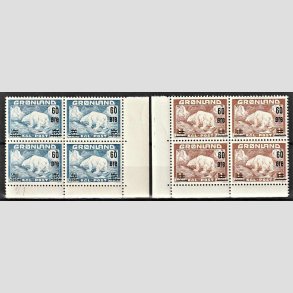 FRIMRKER GRNLAND | 1956 - AFA 37,38 - Provisorier - 60/40 re + 60 re/1 kr. i 4-blok st med marginal - Postfrisk