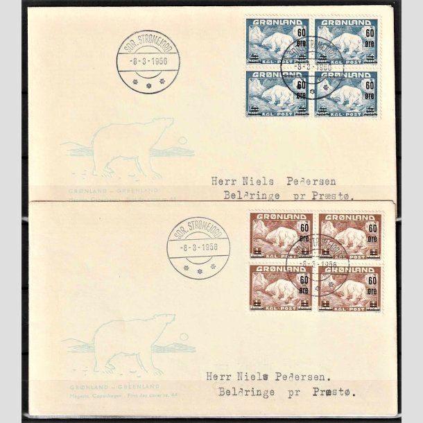 FRIMRKER GRNLAND | 1956 - AFA 37,38 - Provisorier - 60/40 re + 60 re/1 kr. i 4-blok st p uofficielle FDC - Stemplet