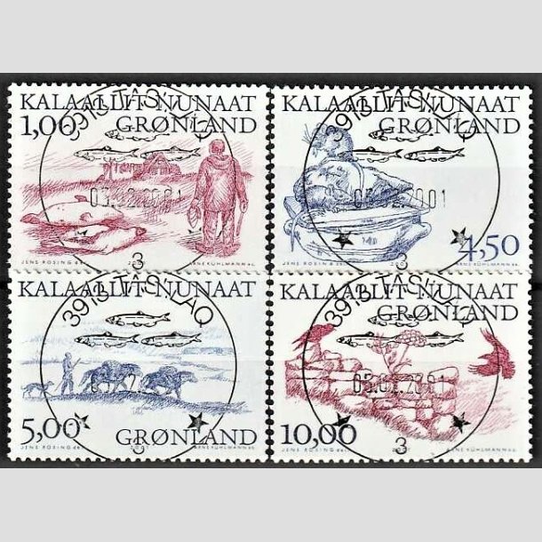 FRIMRKER GRNLAND | 2001 - AFA 368-71 - Arktiske vikinger III. - 1,00 - 10,00 kr. flerfarvet - Lux stemplet