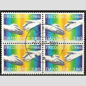 FRIMRKER DANMARK | 1986 - AFA 857 - FNs fredsr - 3,80 Kr. flerfarvet i 4-blok - Pragt Stemplet