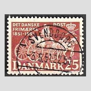 FRIM�RKER DANMARK | 1951 - AFA 332 - F�rste frim�rker 100 �r, 25 �re brunr�d - Pragt Stemplet Svendborg
