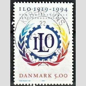 FRIM�RKER DANMARK | 1994 - AFA 1075 - ILO 75 �r - 5,00 Kr. flerfarvet - Pragt Stemplet