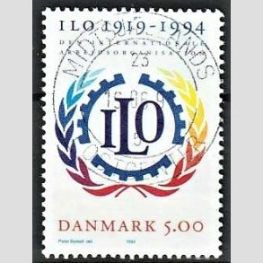 FRIM�RKER DANMARK | 1994 - AFA 1075 - ILO 75 �r - 5,00 Kr. flerfarvet - Pragt Stemplet