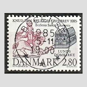 FRIM�RKER DANMARK | 1985 - AFA 834 - Domkirken i Lund - 2,80 Kr. m�rkbl�/lilla - Pragt Stemplet Bogense