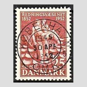 FRIM�RKER DANMARK | 1952 - AFA 334 - Redningsv�snet 100 �r - 25 �re brunr�d - Pragt Stemplet