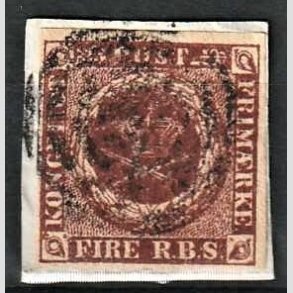 FRIMRKER DANMARK | 1853 - AFA 1 - 4 R.B.S IIb mrk rdbrun p klip - Thiele II - Stemplet