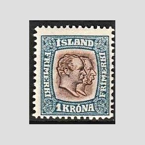 FRIMRKER ISLAND | 1907 - AFA 60 - Chr. IX og Frederik VIII - 1 kr. bl/brun tk. 12 3/4 - Ubrugt 