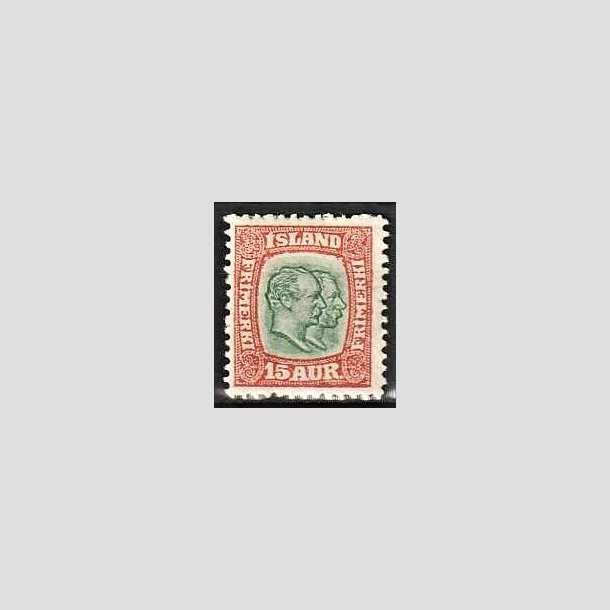 FRIMRKER ISLAND | 1907 - AFA 54 - Chr. IX og Frederik VIII - 15 eyr rd/grn tk. 12 3/4 - Ubrugt 