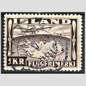 FRIMRKER ISLAND | 1934 - AFA 179 - Luftpost - 1 kr. mrkbrun tk. 12  - Stemplet