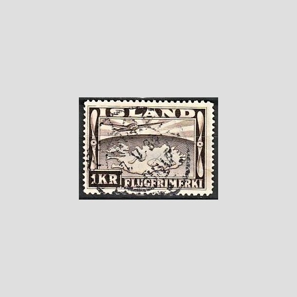 FRIMRKER ISLAND | 1934 - AFA 179 - Luftpost - 1 kr. mrkbrun tk. 12  - Stemplet