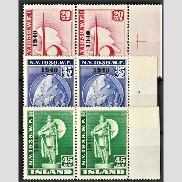 FRIMRKER ISLAND | 1940 - AFA 219-221 - Verdensudstilling overtryk 1940 - 20-45 aur i parstykker - Postfrisk