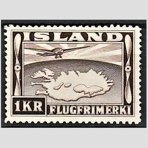 FRIMRKER ISLAND | 1934 - AFA 179 - Luftpost - 1 kr. mrkbrun tk. 12  - Postfrisk