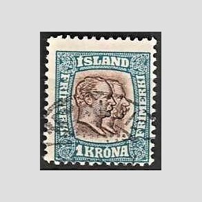 FRIMRKER ISLAND | 1907 - AFA 60 - Chr. IX og Frederik VIII - 1 kr. bl/brun tk. 12 3/4 - Stemplet